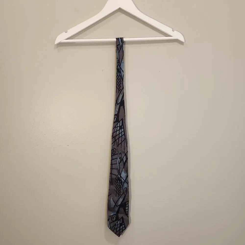 Vintage Screenplay Martin Wong Silk Tie Abstract Retro Bold Classic Grey Blue